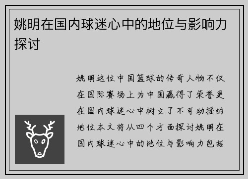 姚明在国内球迷心中的地位与影响力探讨